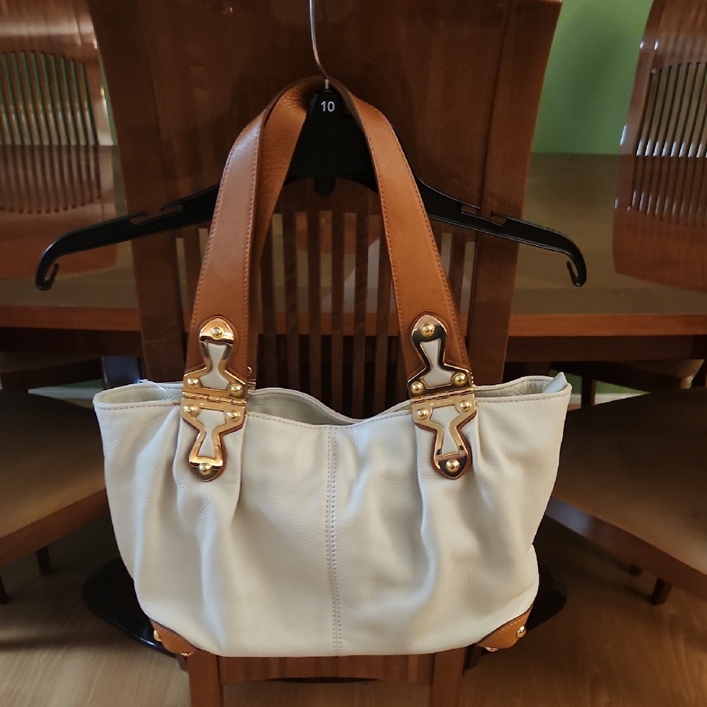 Elegant White and Tan Leather Tote Bag With Buckles On Handles